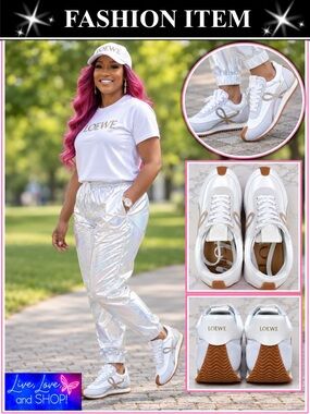 GYM SHOES: White & Tan Sneakers w/Iridescent Ribbon Accent, Unisex,NWOT